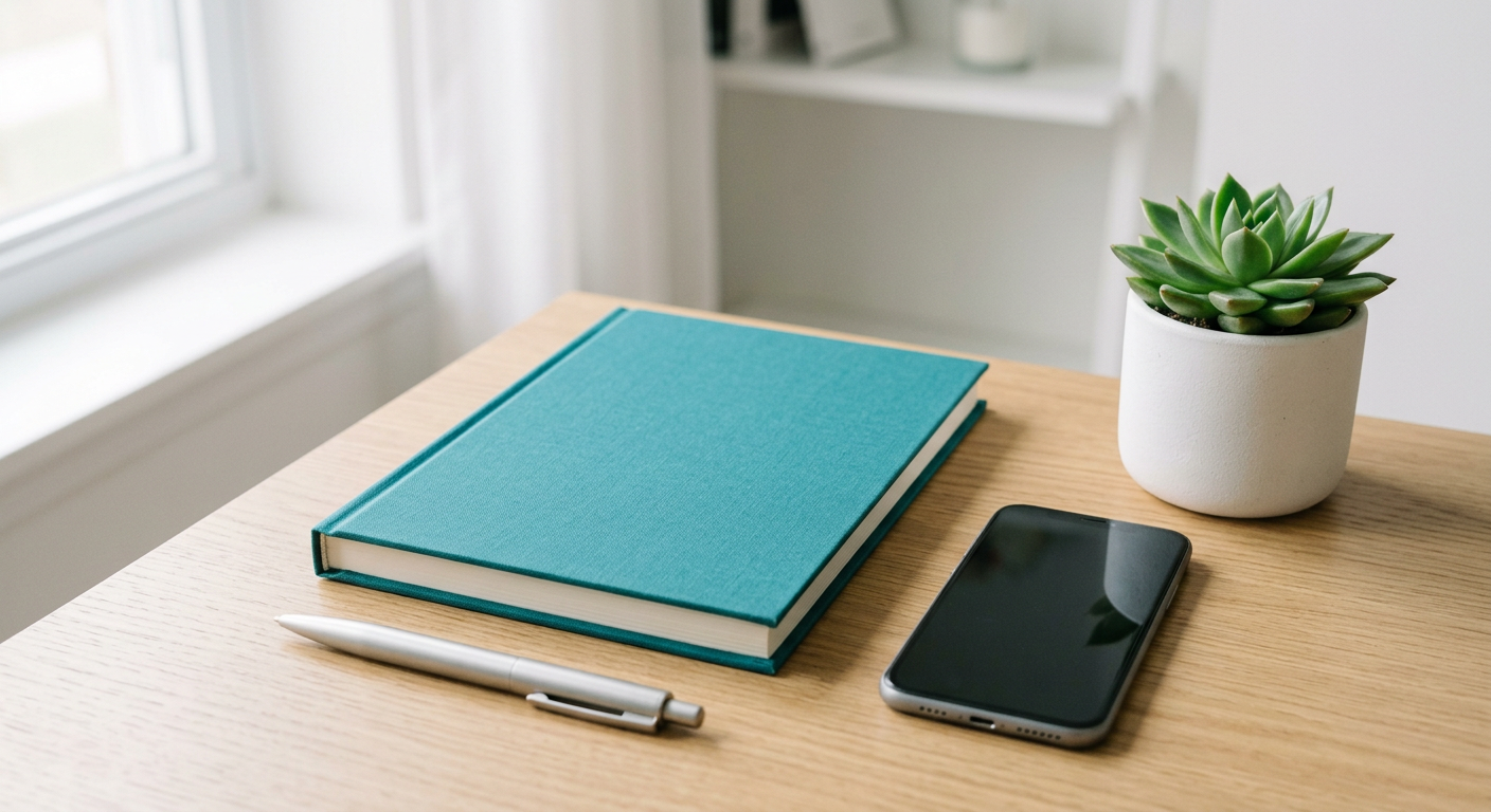Tidy work desk with a notebook, pen, phone and small plant