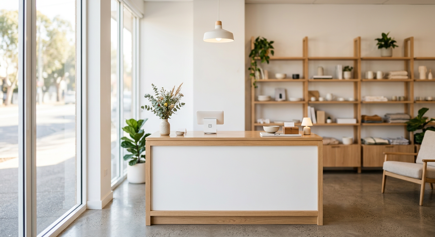 Bright, modern shopfront interior with a tidy front counter
